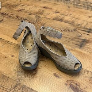 Fly London Beige Peep-Toe Wedges